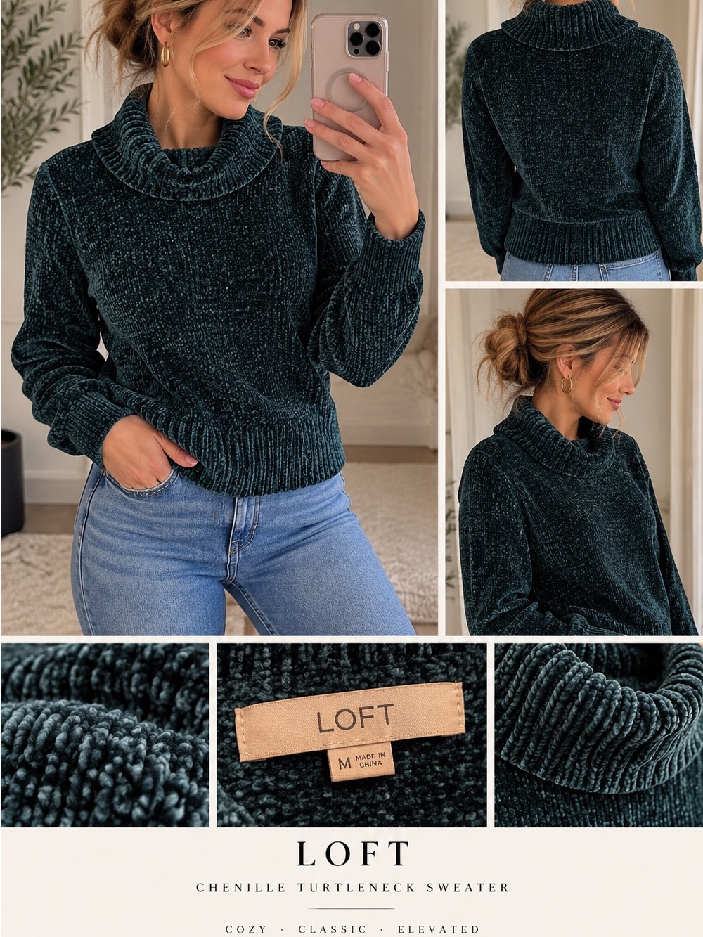 LOFT Deep Teal Chenille Turtleneck Sweater